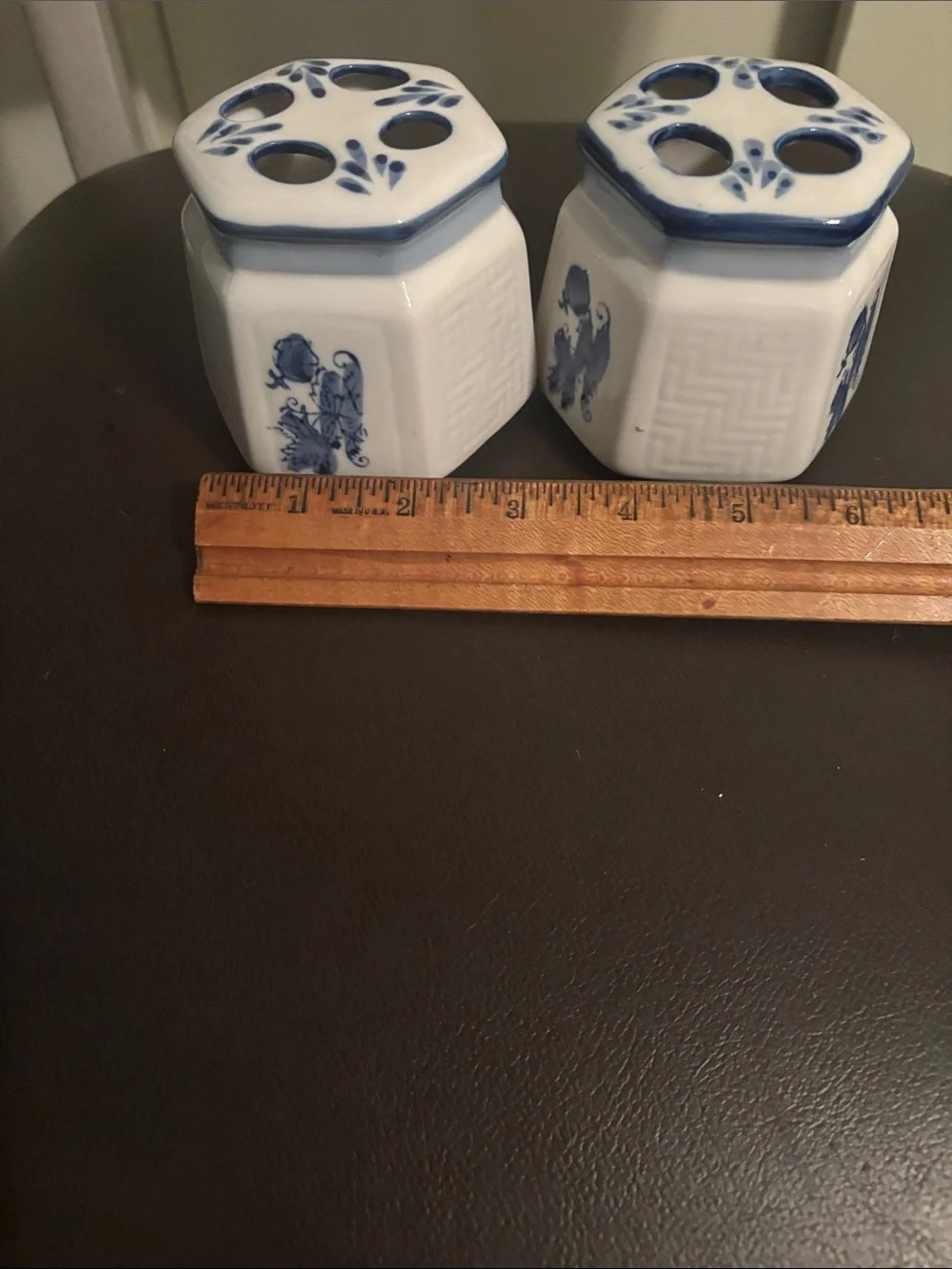 2 Cobalt Blue and White Porcelain Ceramic Floral Toothbrush Holder